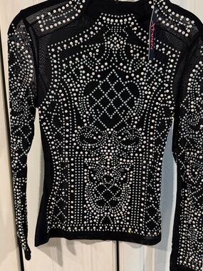 Xtaren Black Long-Sleeve Mesh Top with Iridescent Studs M NWT